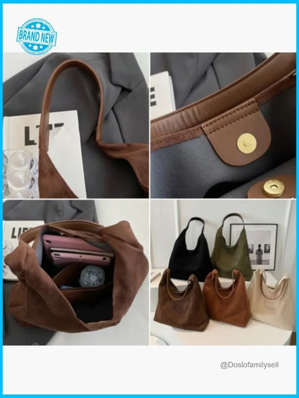 Retro Slouchy Suede Hobo Shoulder Bag Minimal Chic Casual Work Tote